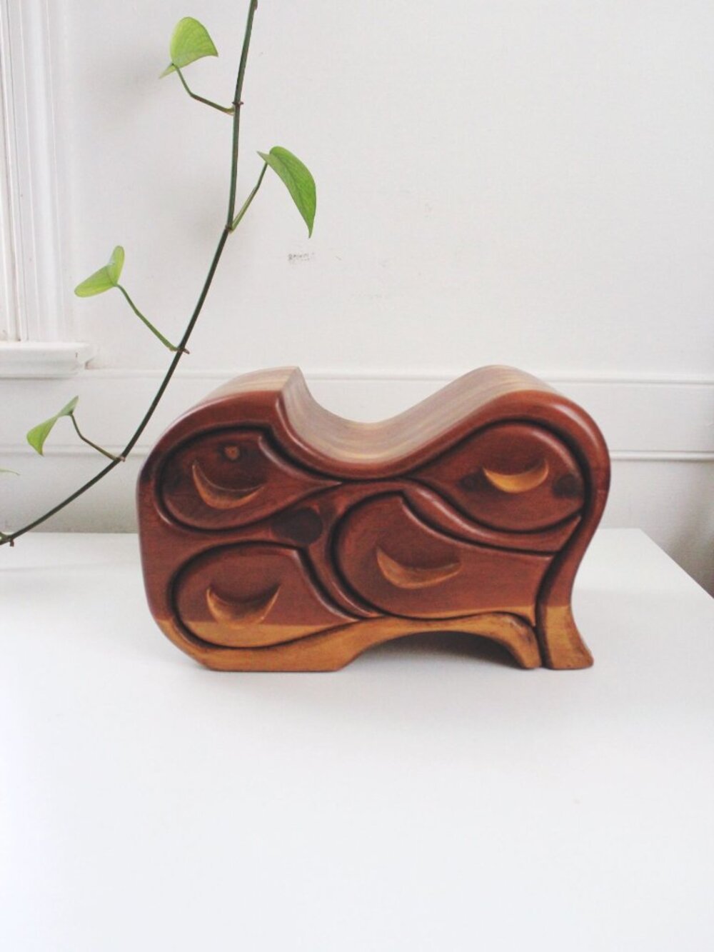 Handcrafted Sculptural Wood Jewelry Box Bandsaw Puzzle Trinkets Vintage Rustic W